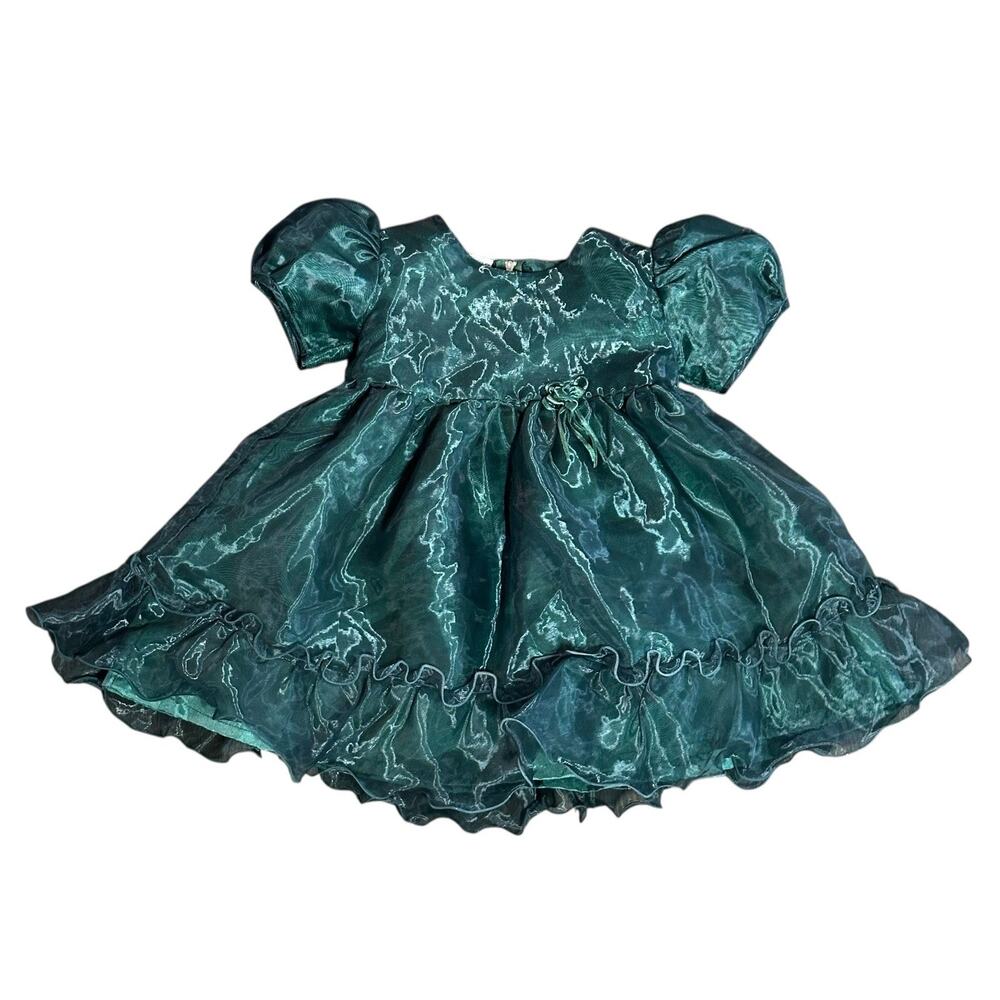 Vtg 90s Party Time Green Taffeta Puff Sleeve Ruffled Hem Girls 24 M Christmas